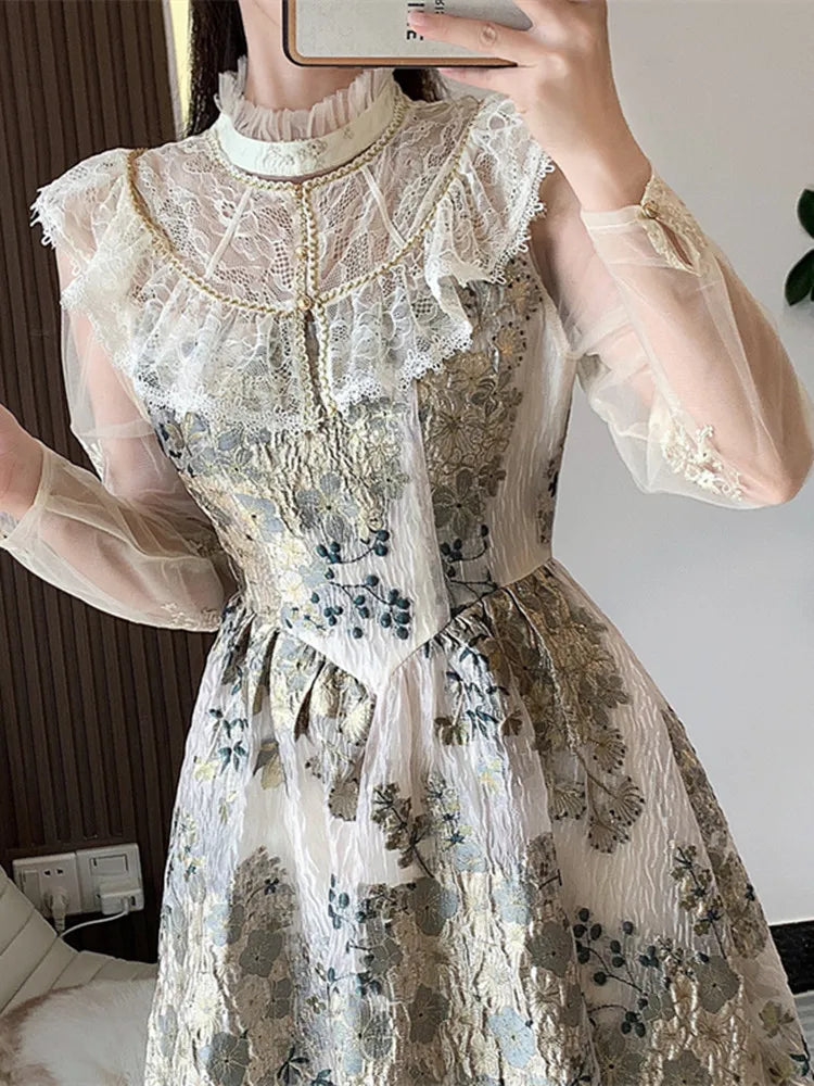 Elegant Luxury Mesh Flower Embroidery Patchwork Jacquard Dress Women Stand Collar Shawl Ruffles Floral Evening Party Vestidos