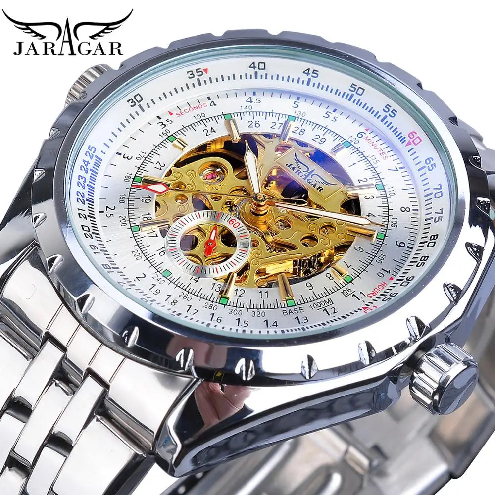 Jaragar Brand Classic Automatic Mens Watch Relojes Hombre Silver Skeleton Steel Sport Business Mechanical Clock Watches Relogio - KIMLUD