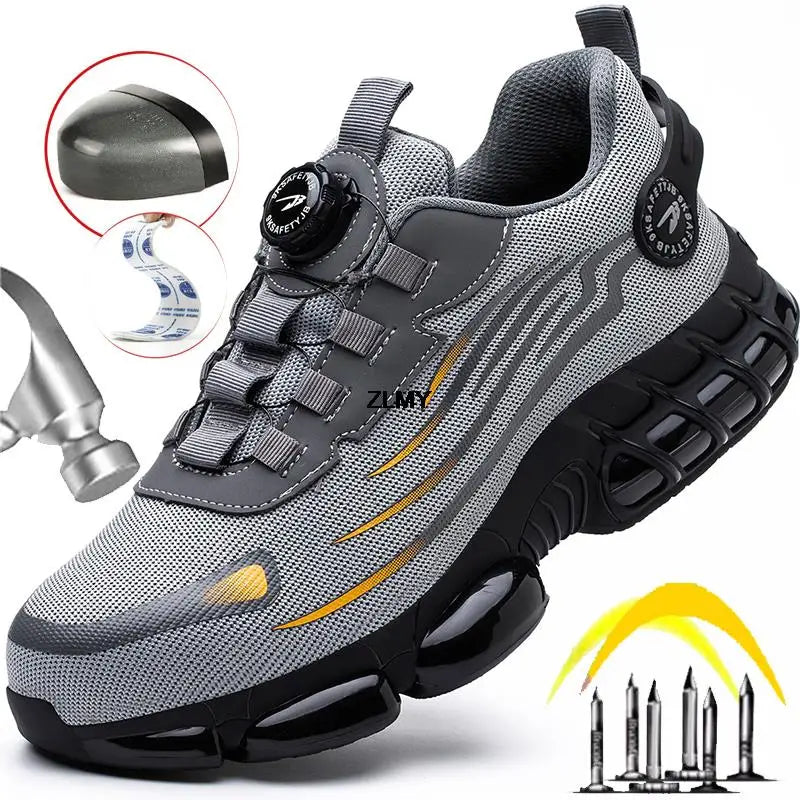 Rotary Button Safety Shoes Men Steel Toe Sneakers Puncture Proof Work Safety Boots Air Cushion Sport Work Shoes Anti-smash Boots - KIMLUD