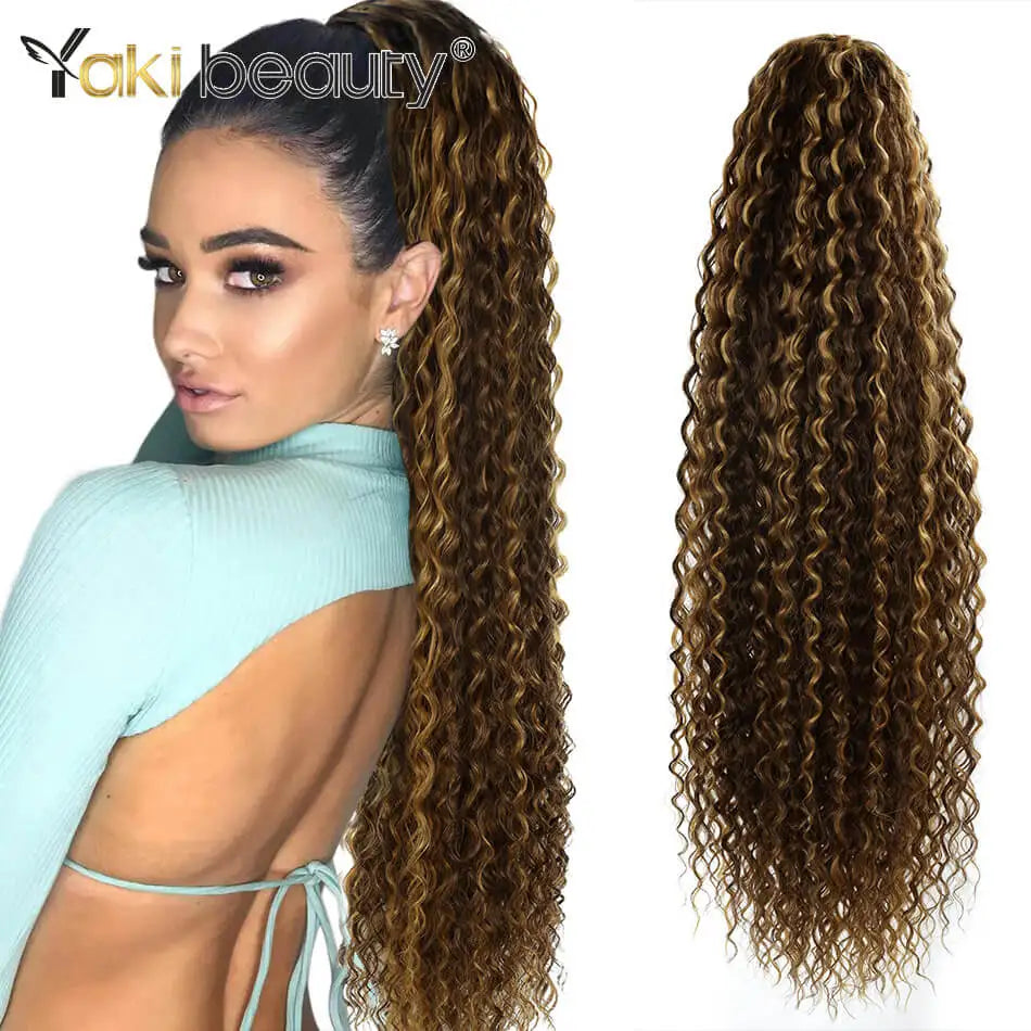 Synthetic Drawstring Ponytail Long Kinky Curly Ponytail Organic Chip-In Hair Extension P4/27 Clip In Pony-Tail By YAKIBEAUTY - KIMLUD