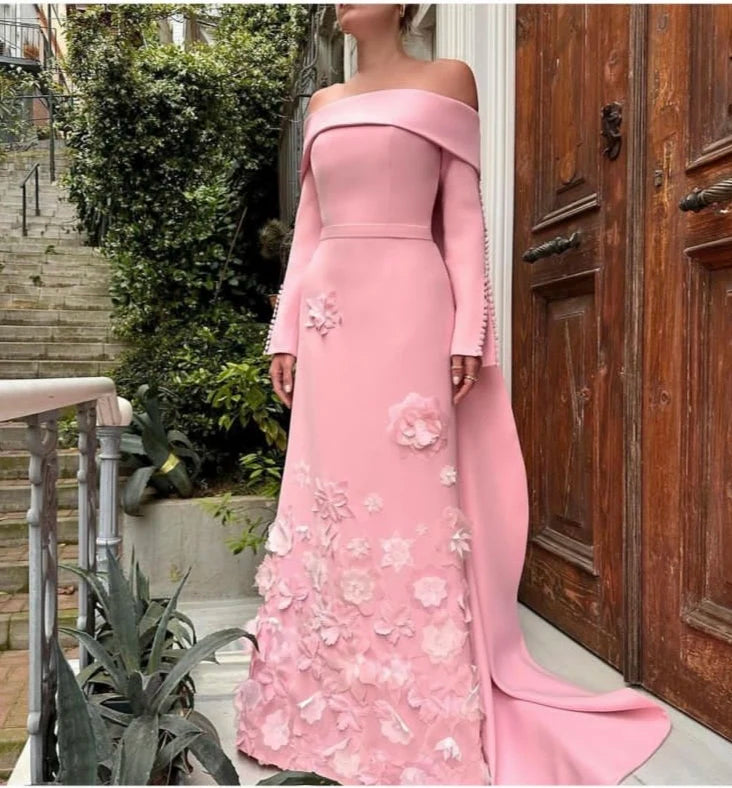 Customized Boat Neck   Long Sleeves Button A Line Detachable  Court Train Belt Hand Made Flower Custom Made Evening Dresses