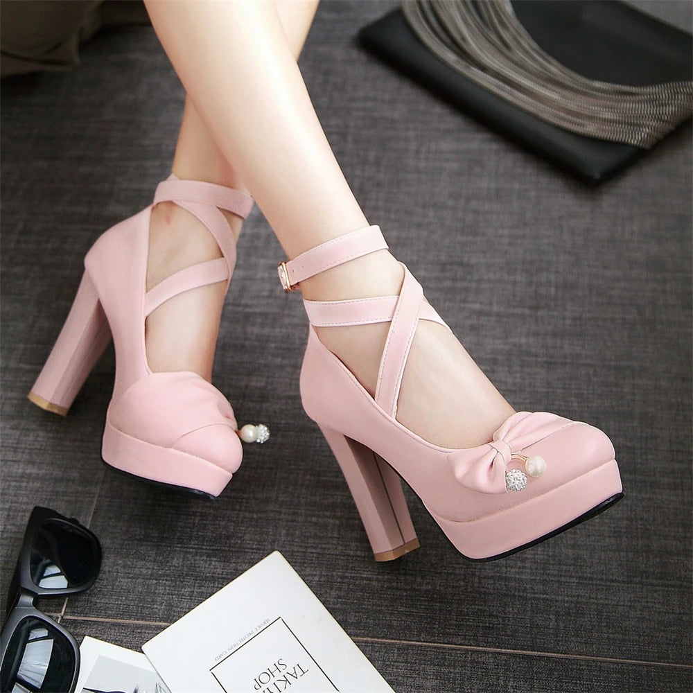 High Heels Women 2024 Trend Chunky Heels Platform Lolita Mary Jane Elegant Party Korean Shoes Dress White The Glossy Fashion