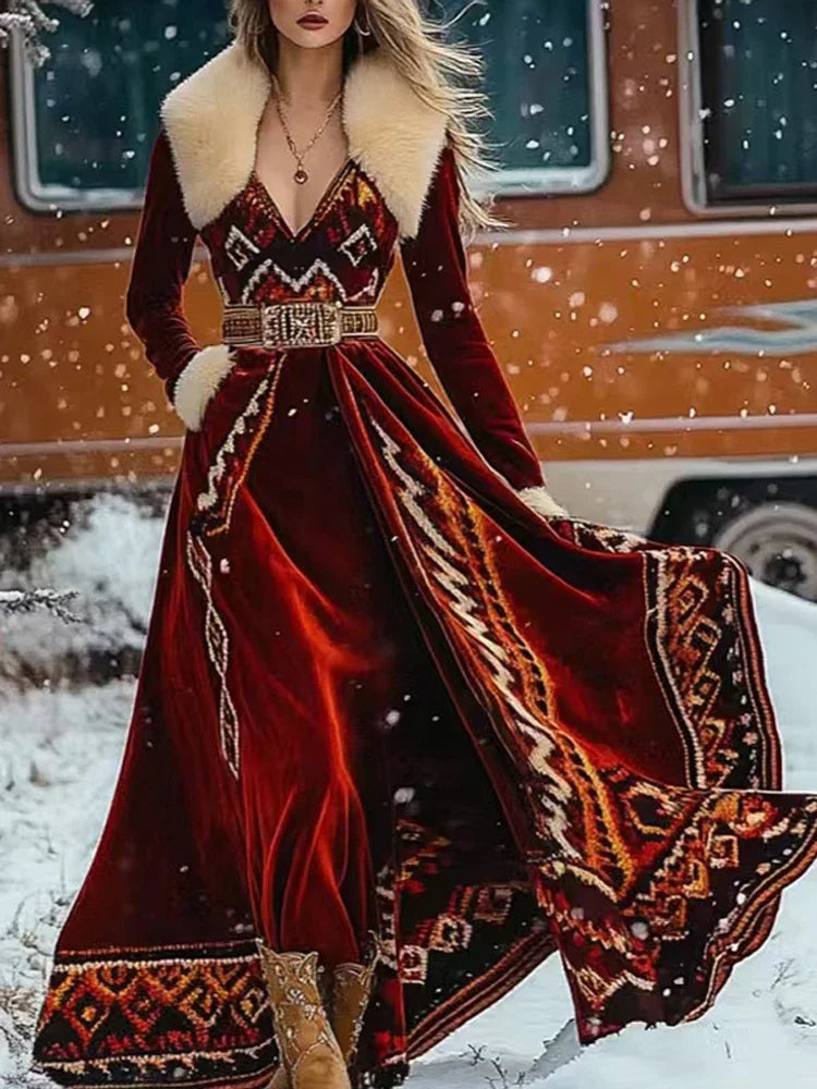 Winter Ethnic Hair Collar Gold Velvet Party Dress Sexy Women Print Feather Bohe Long Dresses Retro High Waist Vacation Dresse