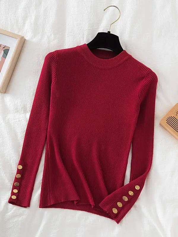 KIMLUD, 2024 women thick sweater pullovers khaki casual autumn winter button o-neck chic sweater female slim knit top soft jumper tops, Burgundy / One Size, KIMLUD APPAREL - Womens Clothes