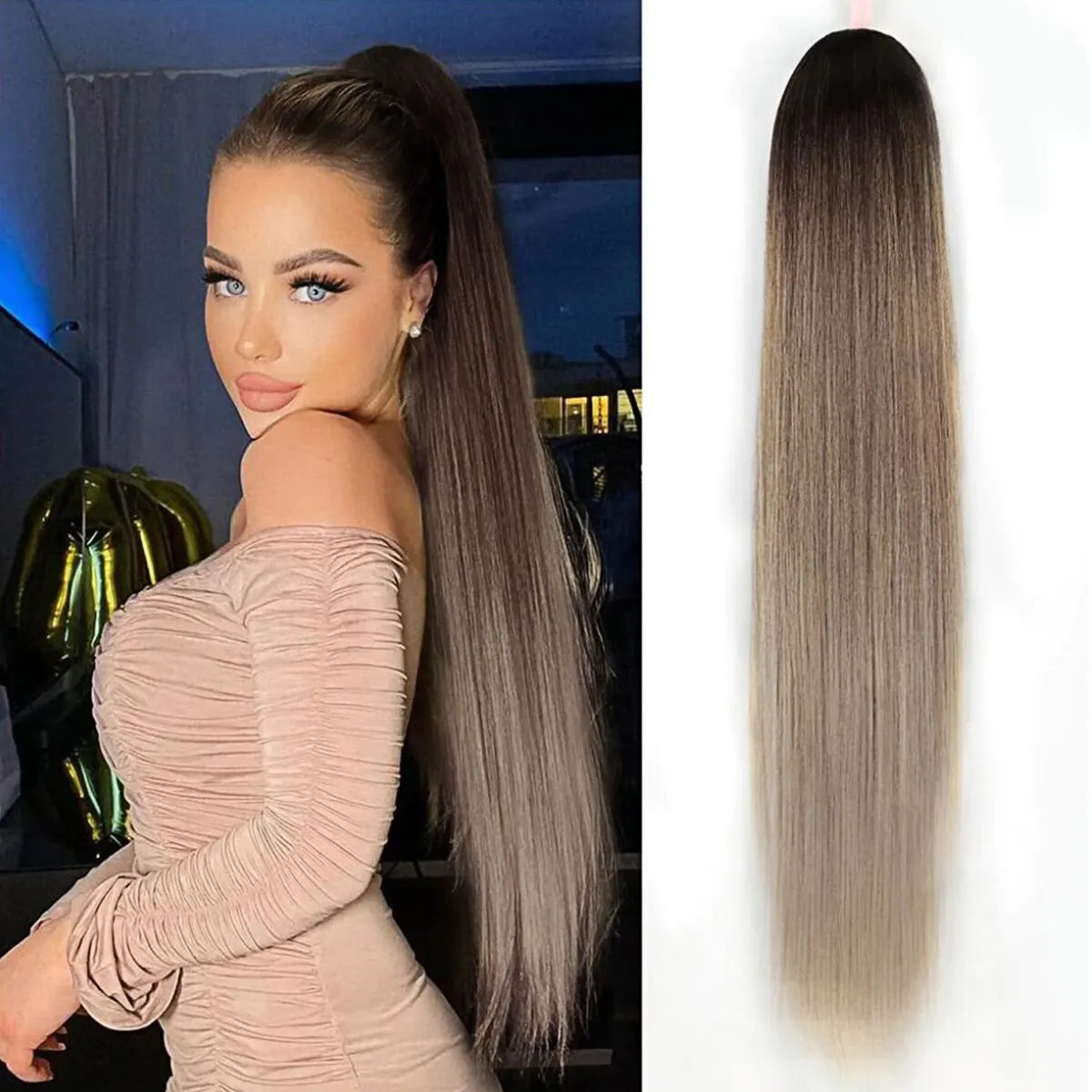 Straight Long Ponytail Hair Extension Clip in Synthetic Drawstring Ombre Blond Ponytail Wig Afro Pony Tail Women Hairpiece False