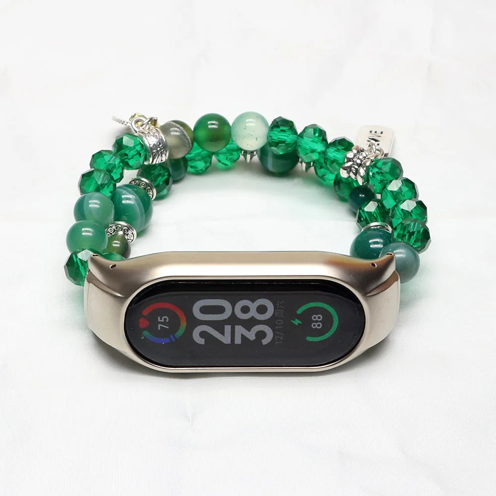 Mi band 7 strap green bracelet for Xiaomi mi band 7 bands for woman luxury agate crystal beads elastic watchband dressy Luxury