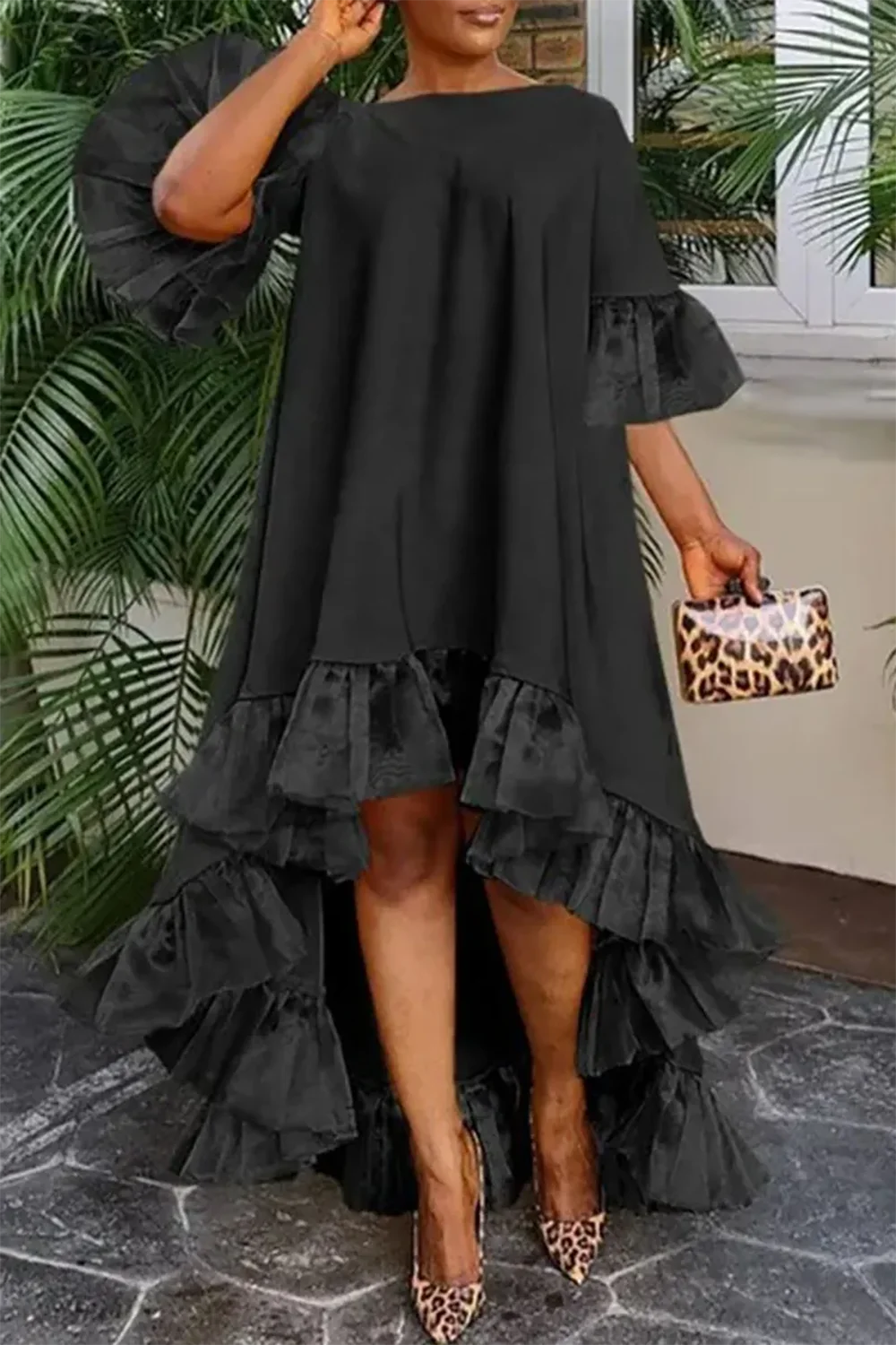 Plus Size Summer Dress For Women Black Round Neck Mash Patchwork Ruffles Irregular Hem Flare Sleeve High Street Midi Dress - KIMLUD