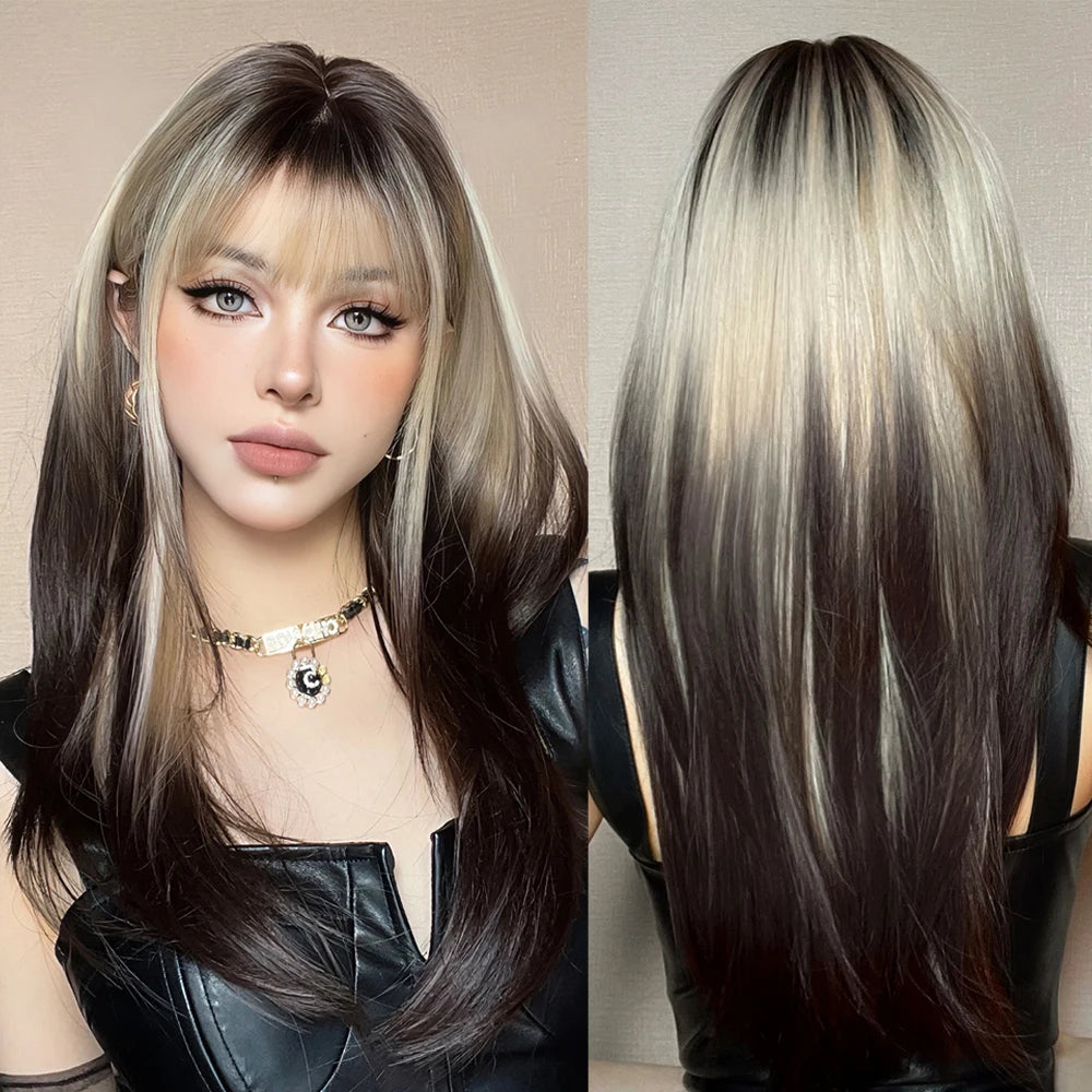 KIMLUD, Ombre Synthetic Straight Cosplay Women Hair Platinum Blonde to Black Hair Long Layered Natural Wigs with Bangs for White Women, KIMLUD Womens Clothes