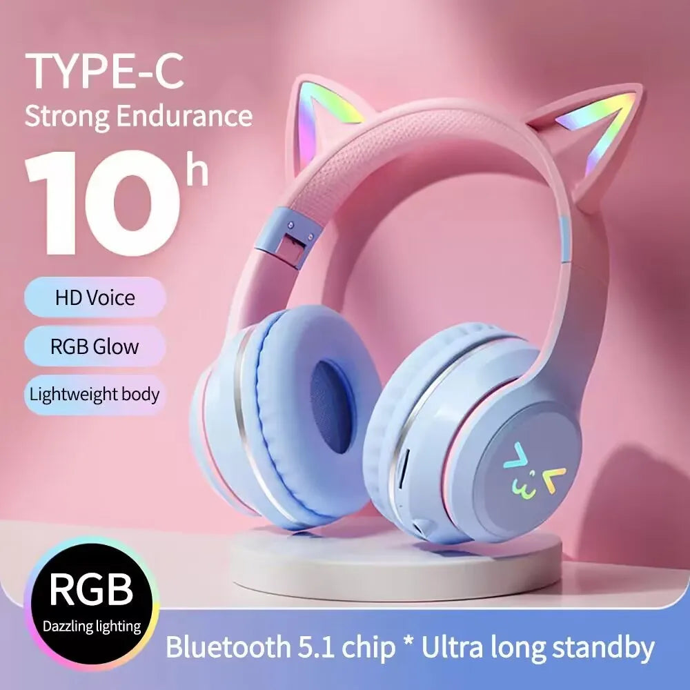 Gradient wireless Headphones RGB cute cat ear Bluetooth Earphones with microphone Stereo Music Game Earphone Girls Kids Gifts - KIMLUD