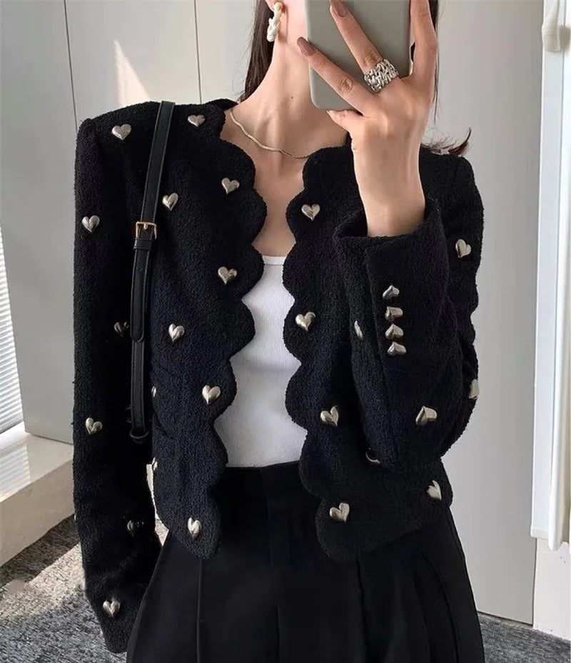 Fashion Love Beading Wool Jacket Coat High Street Fall Winter French Vintage Elegant Short Cardigan Women Outwear Blazer G338