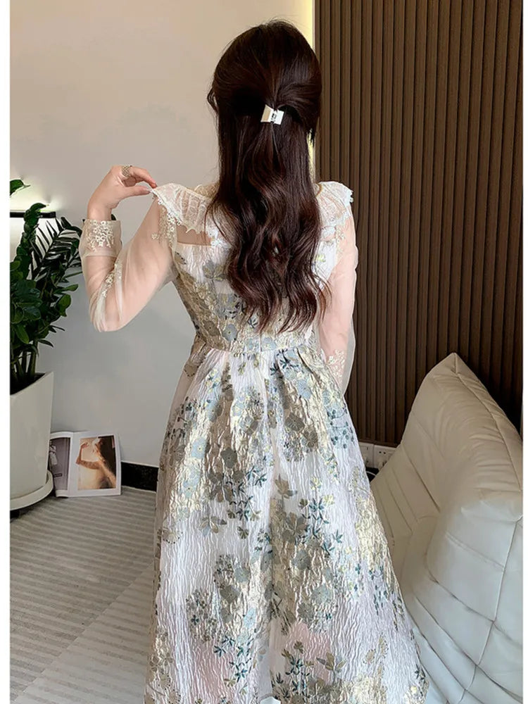 Elegant Luxury Mesh Flower Embroidery Patchwork Jacquard Dress Women Stand Collar Shawl Ruffles Floral Evening Party Vestidos