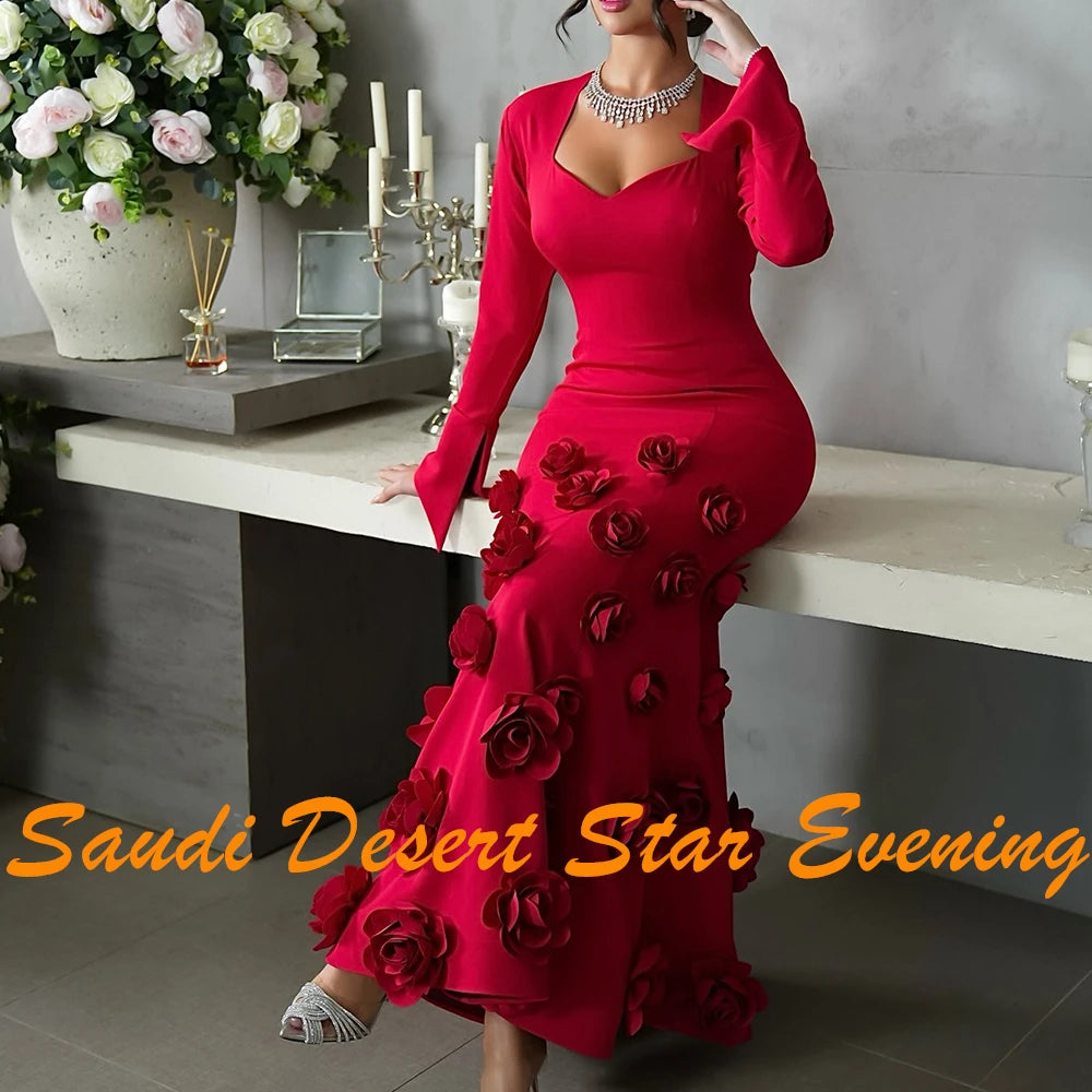 Exquisite Flowers Pleats Sweetheart Evening Dresses Graceful A-Line Satin Burgundy Long Sleeves Party Gowns Saudi Arabia 2024