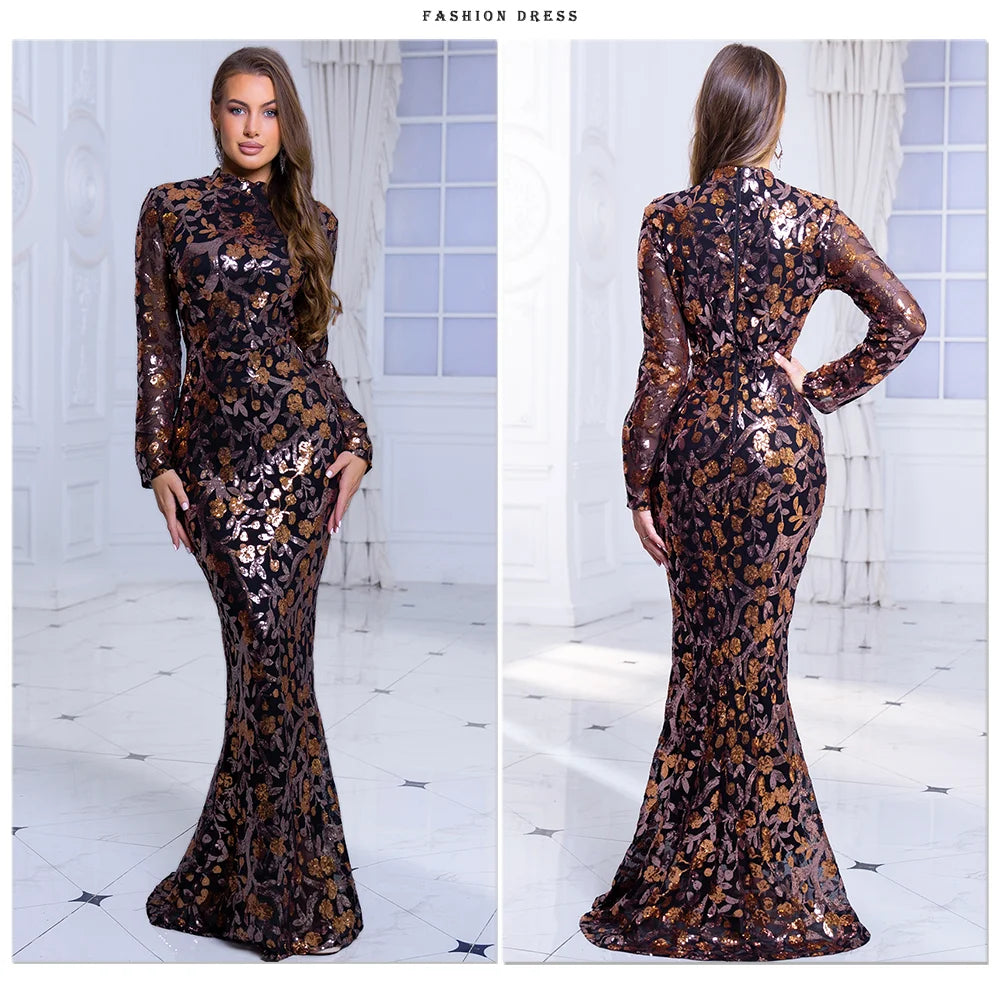 Romagic High Neck Luxury Full Sleeve Sequined Flowers Cocktail Prom Gown Bodycon Mermaid Long Celebrity Evening Party Dress