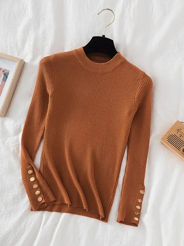 KIMLUD, 2024 women thick sweater pullovers khaki casual autumn winter button o-neck chic sweater female slim knit top soft jumper tops, Caramel / One Size, KIMLUD APPAREL - Womens Clothes