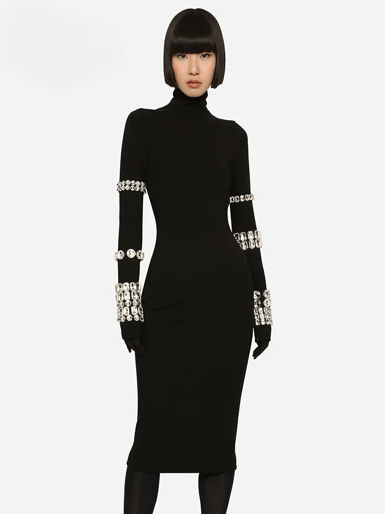 2024 Autumn Winter Luxury Party Dresses for Women Long Sleeve Gloves with Crystal Black Bandage Midi Evening Gowns