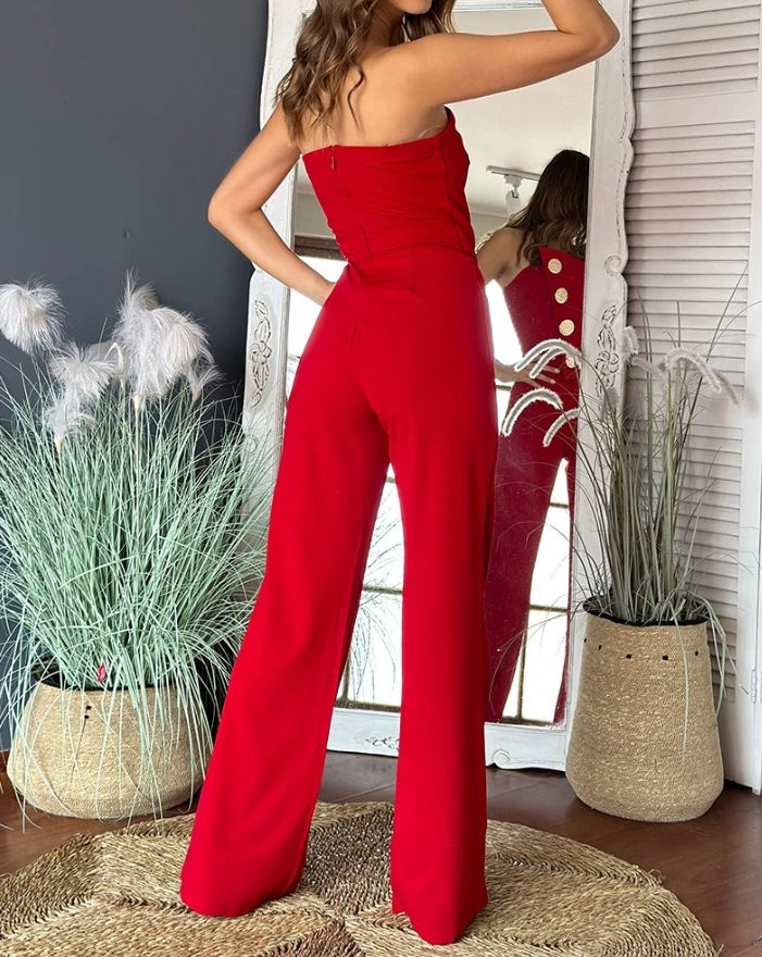 Sexy Asymmetrical Bandeau Strapless Jumpsuit Metal Button Decor Casual Overalls 2025 Woman Long Jumpsuits Elegant