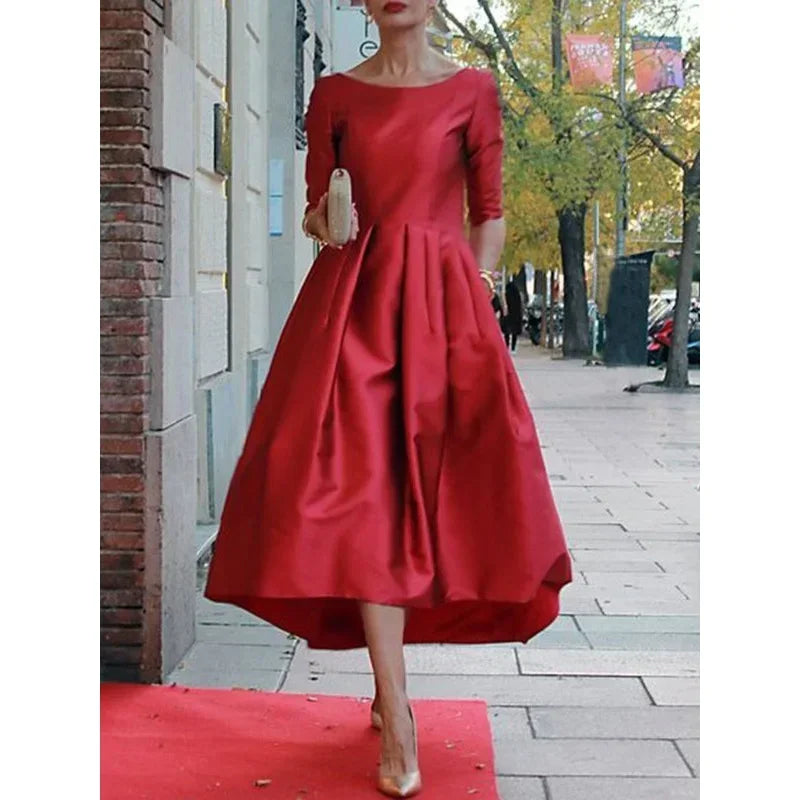 UOOZEE Women's Elegant Banquet Evening Midi Dresses 2024 New Autumn Half Sleeves Pleated Solid Color Party A-Line Dress - KIMLUD