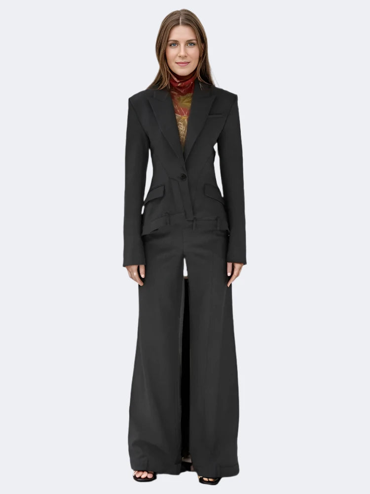 VGH Solid Two Piece Sets For Women Notched Collar Long Sleeve Irregular Blazers High Waist Wide Leg Pants Minimalist Set Female