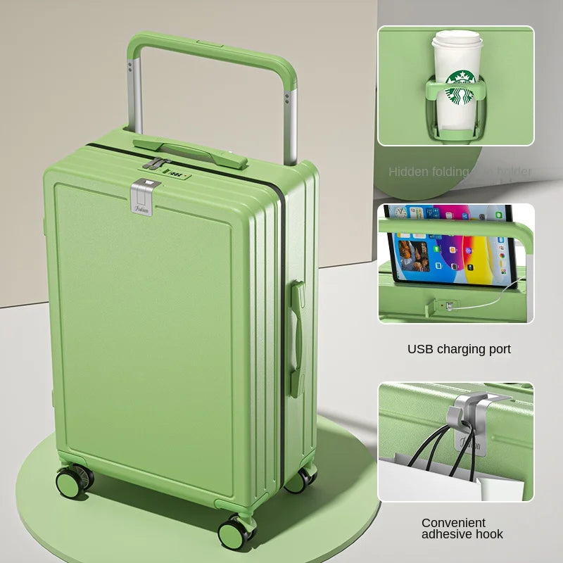 Multifunctional Draw-Bar Suitcase Zipper Wide Handle Trolley Luggage with Cup Holder USB Port Trip Boarding Case Spinner 20 inch