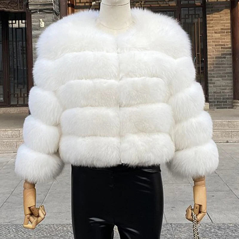 Faux Fur Short Coat Women Cropped Long Sleeve Artificial Fox Fur Jacket Women Winter Fluffy Top Thick Warm Furry Fur Outwears