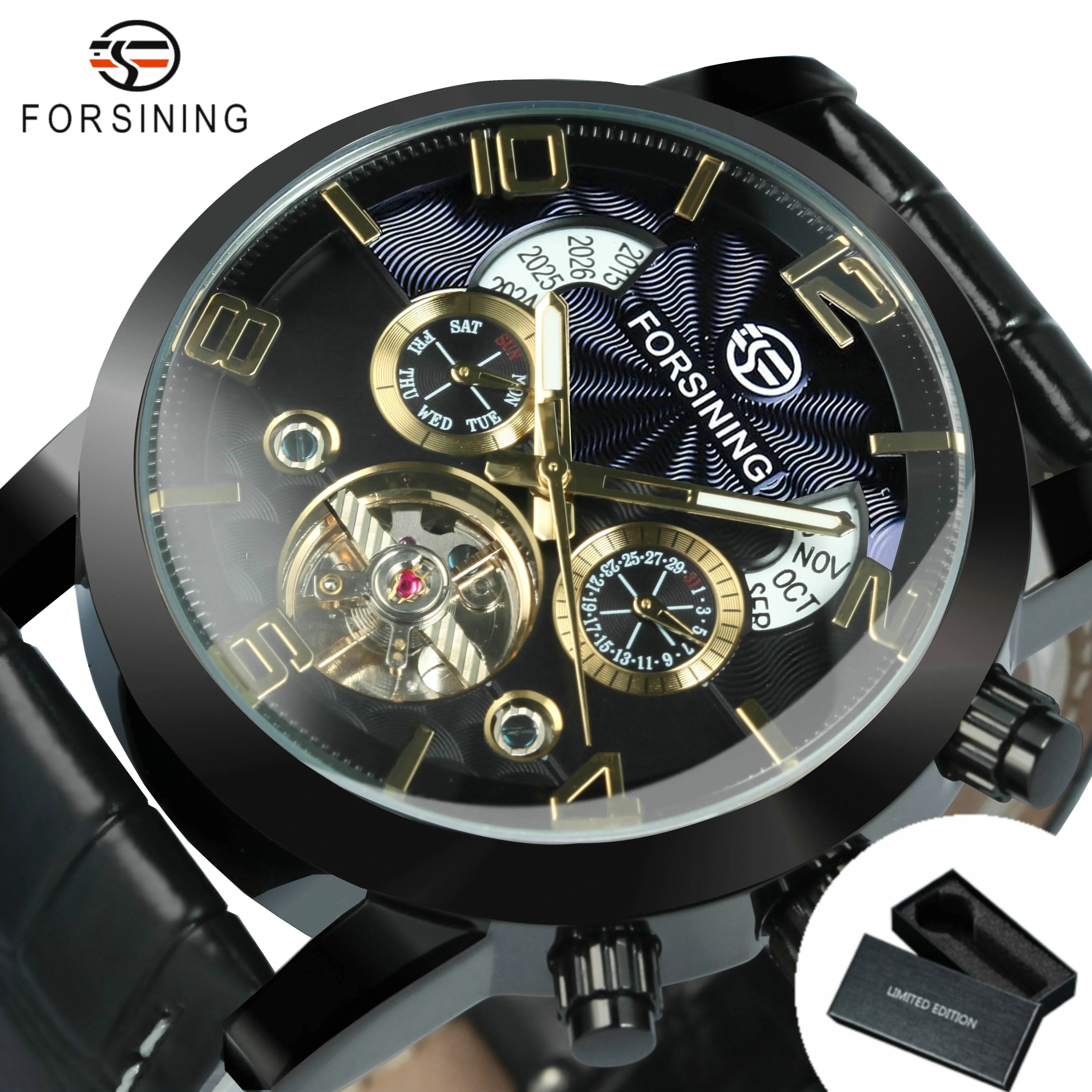 Forsining Classic Tourbillon Men Mechanical Wristwatches Top Brand Luxury Multifunction Automatic Watch Leather Strap Male Clock