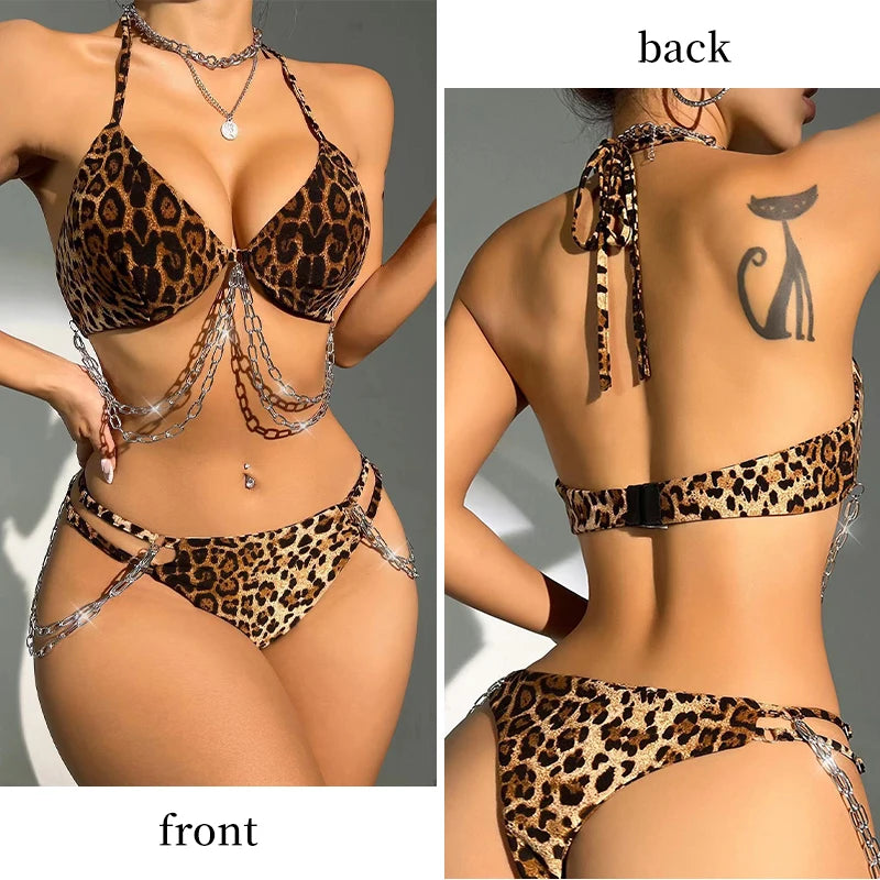 Two Piece Women's Leopard Print Bikini Lingerie Set Women's Printed Leopard Print with Chain Triangle Cut Sexy Lingerie Set