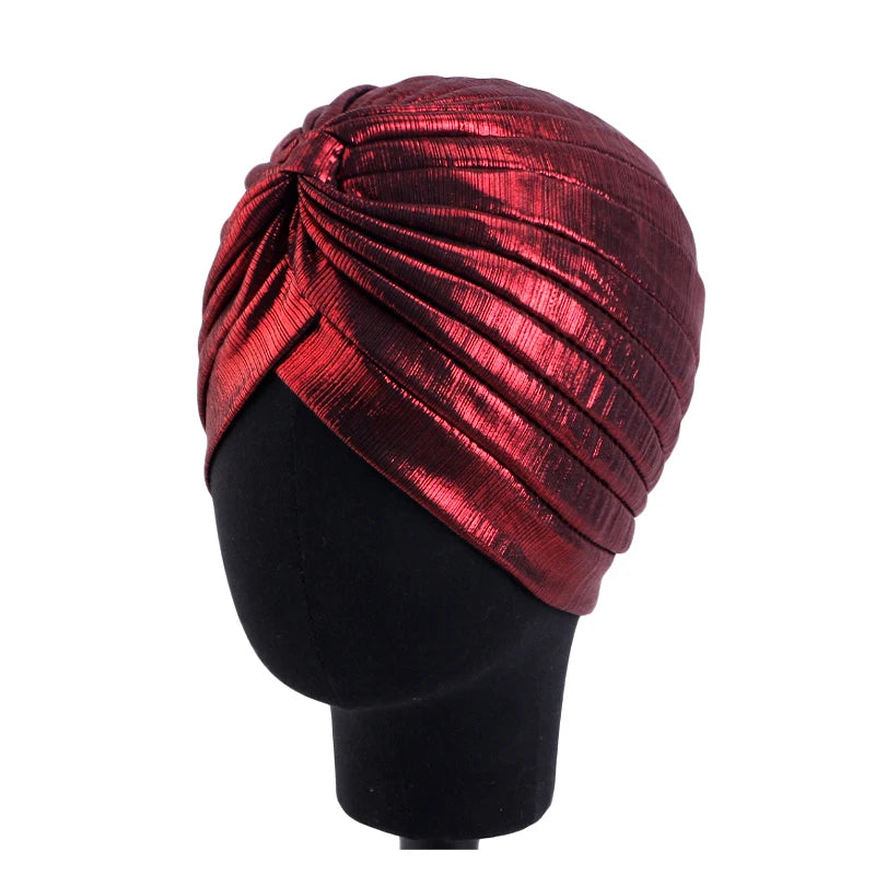 New Women's Metallic Pleated Knot Turban Hat Retro Ethnic Hat Elastic Head Wrap Shiny Beanies Head Scarf Bonnet Chemo Cap