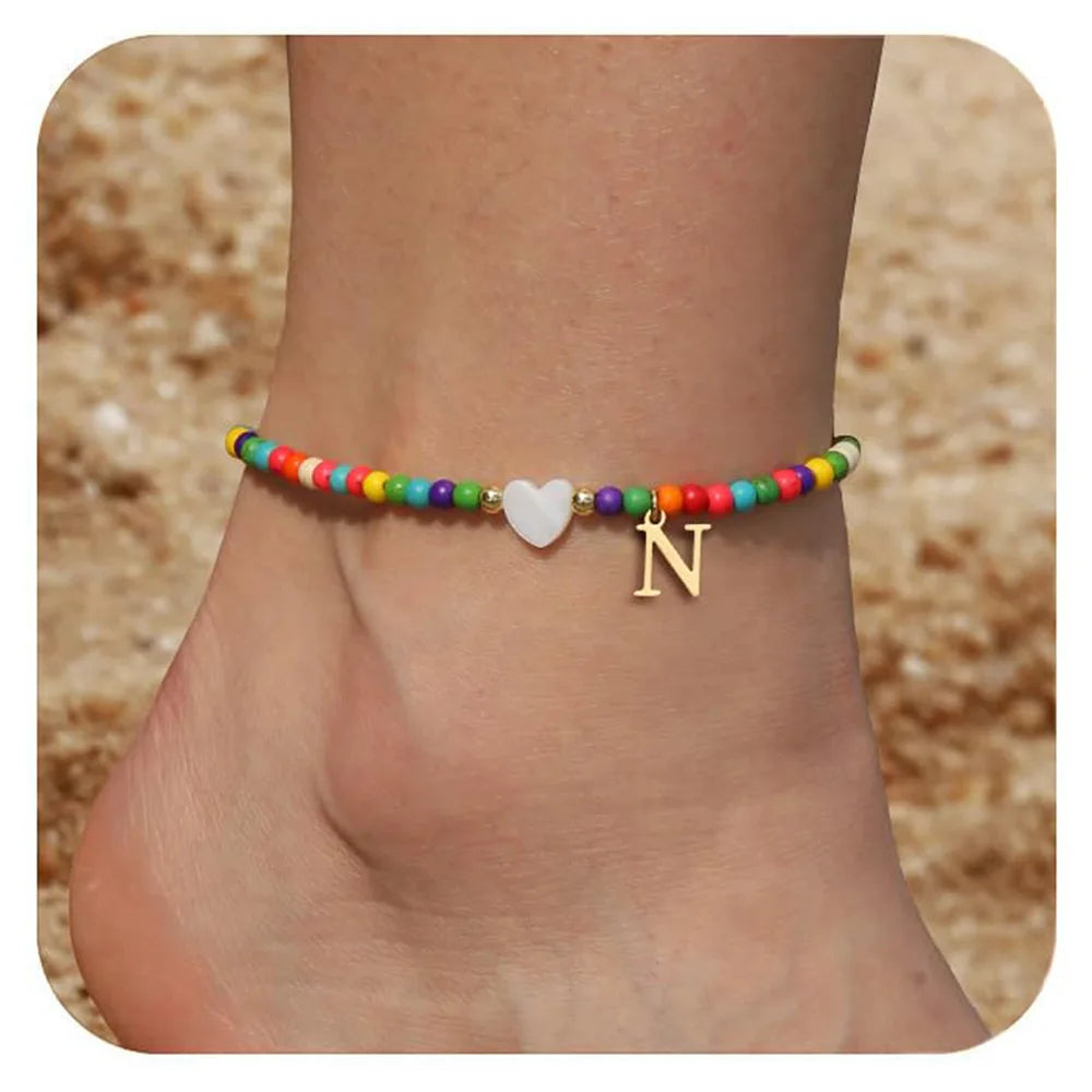 KIMLUD, Rainbow Round Beads Anklet Stainless Steel Love Heart 26 Letters A-Z Pendant Anklets For Women Boho Gold Color Ankle Bracelet, N, KIMLUD APPAREL - Womens Clothes