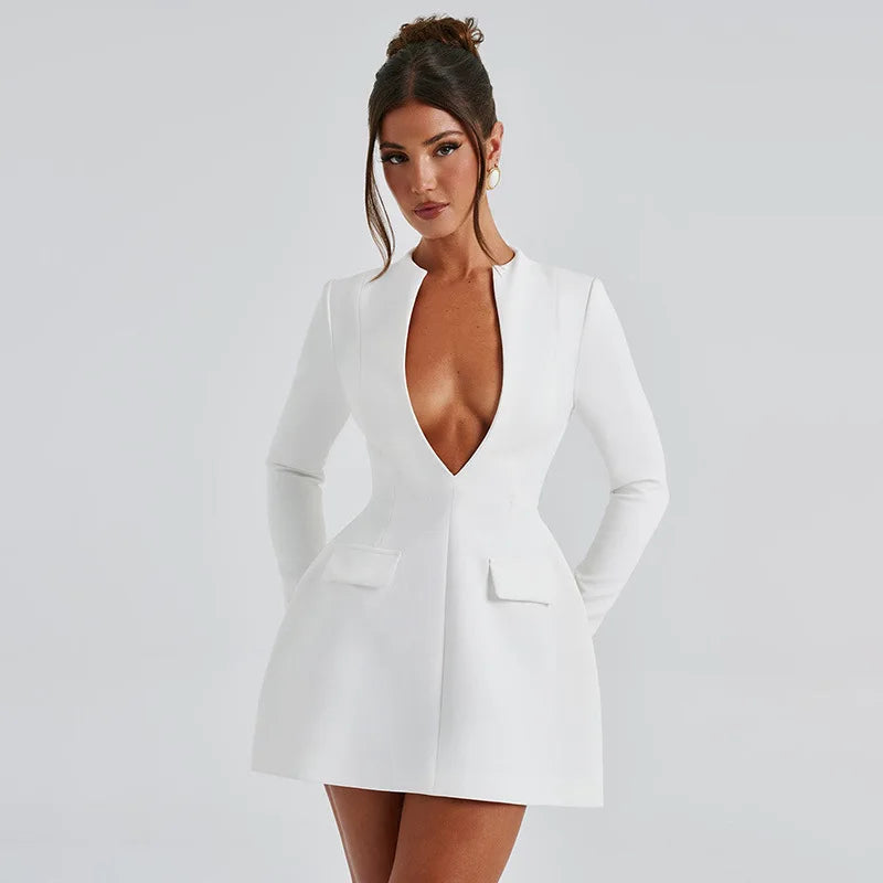 Fashion Deep V-neck Tunics Short Dress White Black Women Autumn Winter Long Sleeve High Waist Party Dresses Female Blazer Dress