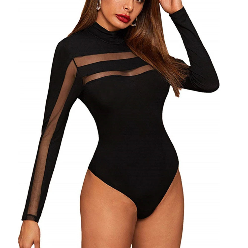 Mesh See Through Sexy Bodysuit Women Long Sleeve Round Neck Skinny Backless Patchwork Slim High Waist Wild Slim Rompers