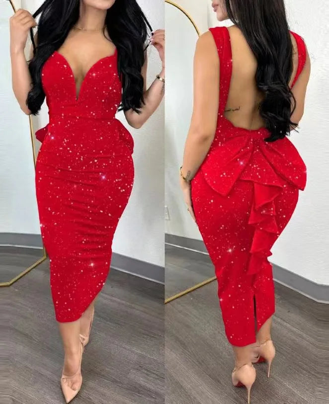 Evening Dresses for Women 2024 Sexy Woman Clothing Backless Deep V Bow Elastic Split Fashion Elegant Hip Wrap Midi Bodycon Dress