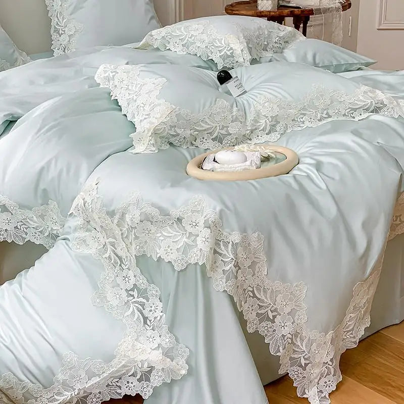 KIMLUD, 4/7Pcs French Romantic Wedding Chic White Lace Bedding Set 1000TC Egyptian Cotton Ultra Soft Duvet Cover Bed Sheet Pillowcases, Color 2 / Queen 200X220cm 7Pcs / Flat Bed Sheet, KIMLUD APPAREL - Womens Clothes