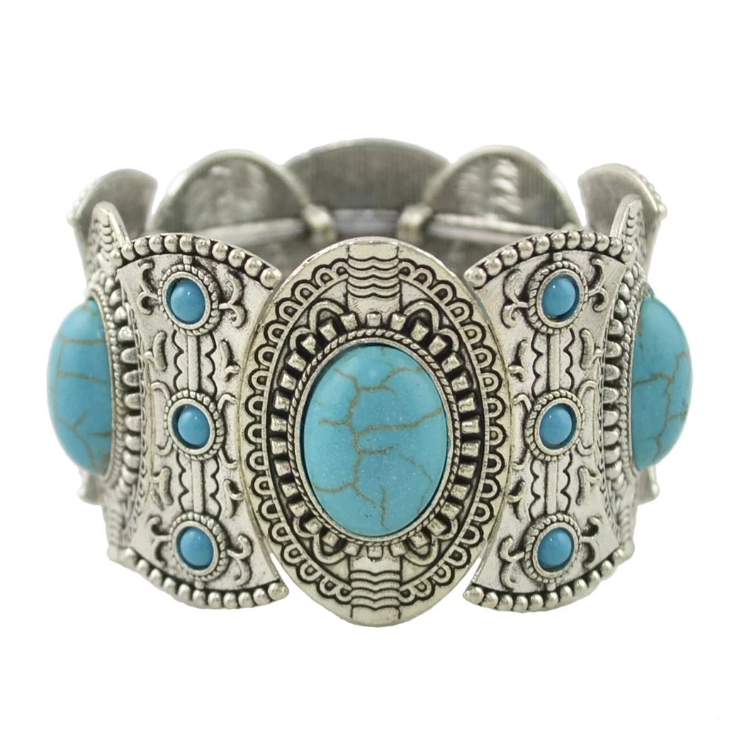 Gypsy Tribal Tibetan Bracelet for Women Boho Vintage Silvery Men's Turquoise Elastic Bangle Afghan Turkish Ethnic Indian Jewelry - KIMLUD