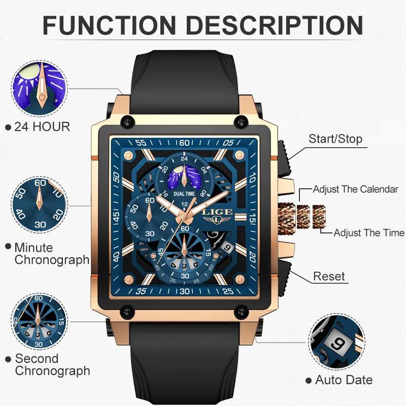 New LIGE Mens Watches Top Brand Luxury Hollow Square Sport Watch For Men Fashion Silicone Strap Waterproof Quartz WristWatch+Box