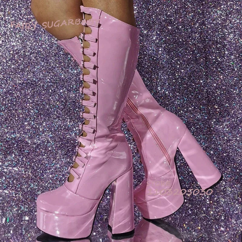 Pole Girls Bright Black Leather Pink Satin Platform Buckle Boots Sexy Hollow Chunky Heel Bling Purple Straps Elegant Zipper Shoe