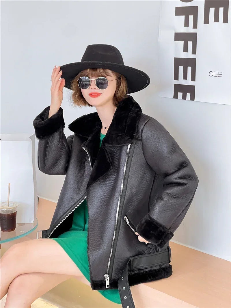 Extra Thick Warm Extra Thick Lamb Wool New Autumn Winter Pu Leather Jacket Women Leatherette Coat Female Loose Outwear