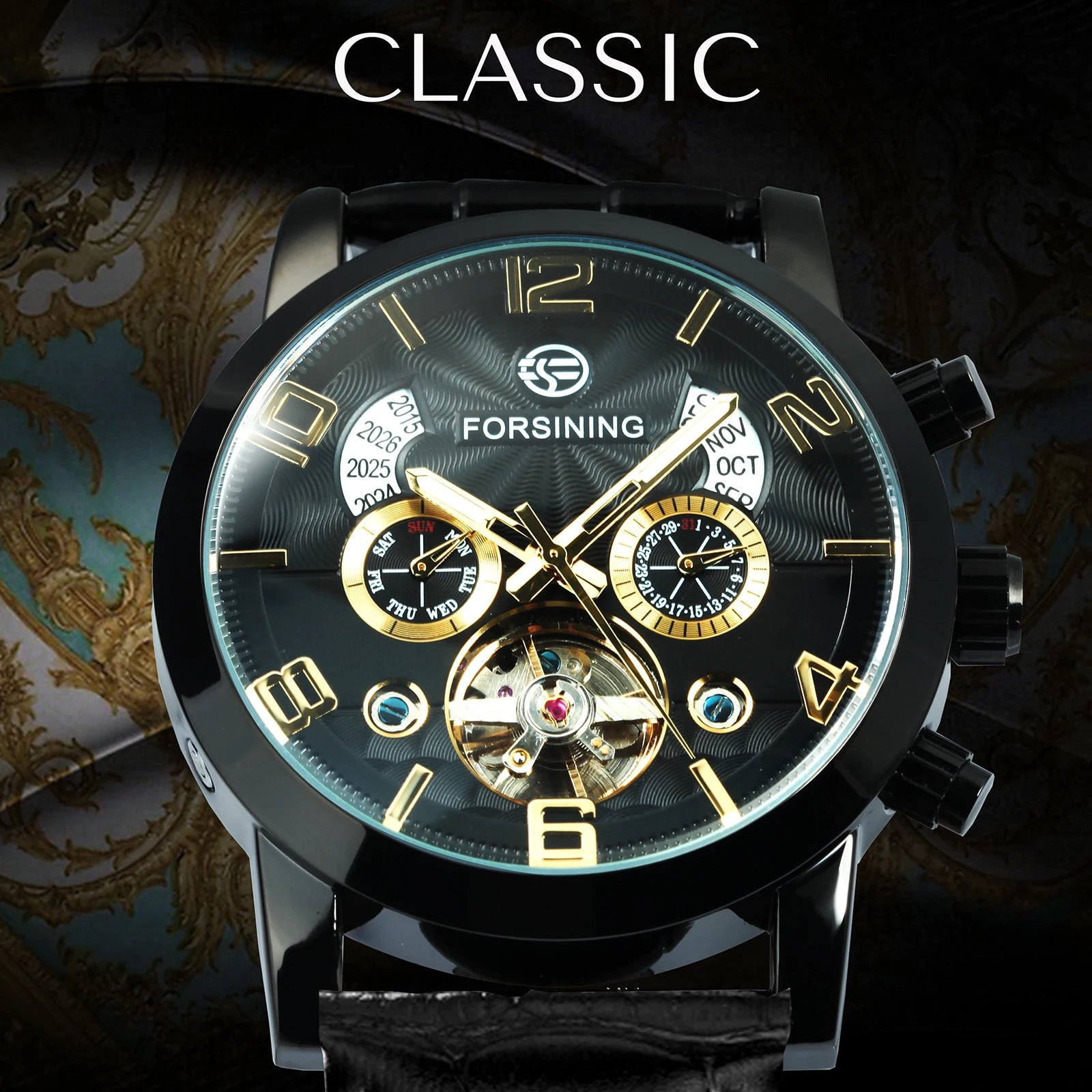 Forsining Classic Tourbillon Men Mechanical Wristwatches Top Brand Luxury Multifunction Automatic Watch Leather Strap Male Clock