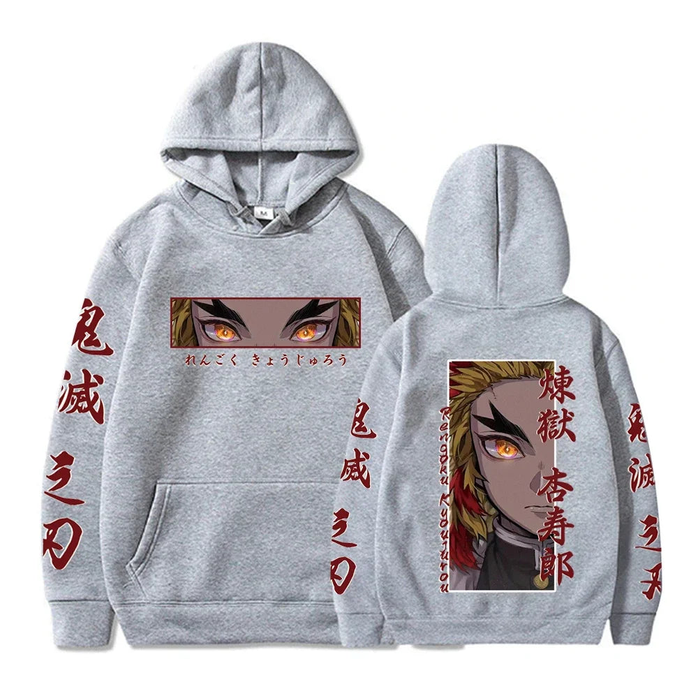 KIMLUD, Hot Anime  Demon Slayer Hooded Rengoku Kyoujurou Eyes Graphic Print Autumn Winter Men Women Casual Sweatshirt Plus Size Hoodie, gray / XXL, KIMLUD APPAREL - Womens Clothes