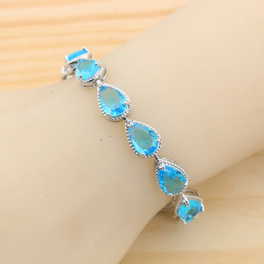 Fashion Sky Blue Water Drop Zirconia 925 Silver Jewelry Sets for Women Earrings Necklace Pendant Ring Bracelet Wedding Gift