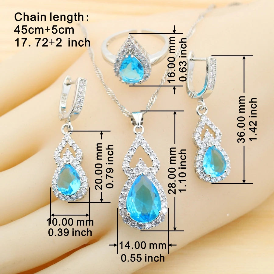 Fashion Sky Blue Water Drop Zirconia 925 Silver Jewelry Sets for Women Earrings Necklace Pendant Ring Bracelet Wedding Gift