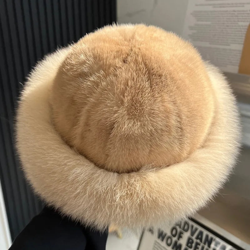 Real Mink Fur Hat For Women Winter Natural Mink Fur Hat With Fox Fur Brim Female Fashion Fisherman Hat Thicked Fur Bomber Hats