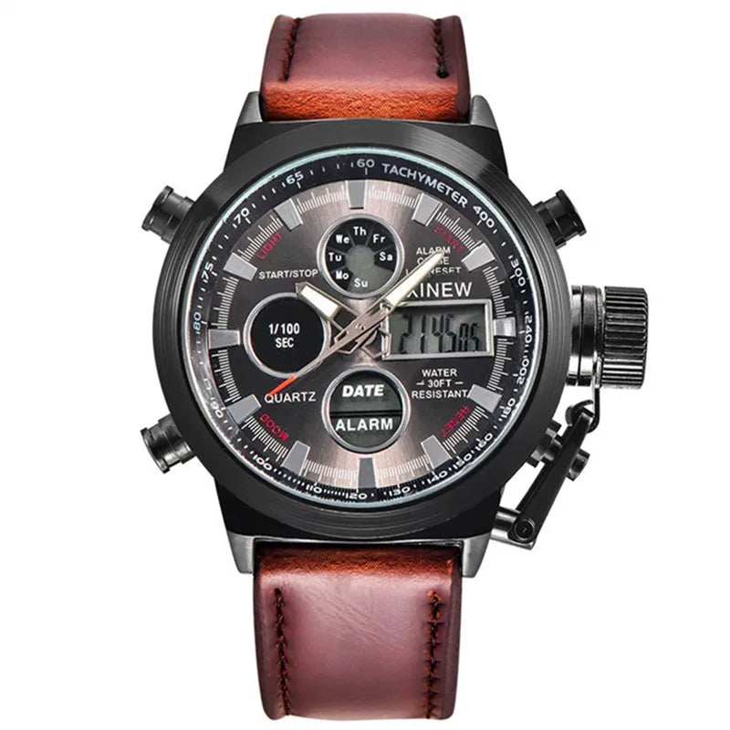 Brand Chronograph Business Watch For Men Fashion Leather Band Alarm Stopwatch Multi-function Movement Electronic Clock Black - KIMLUD