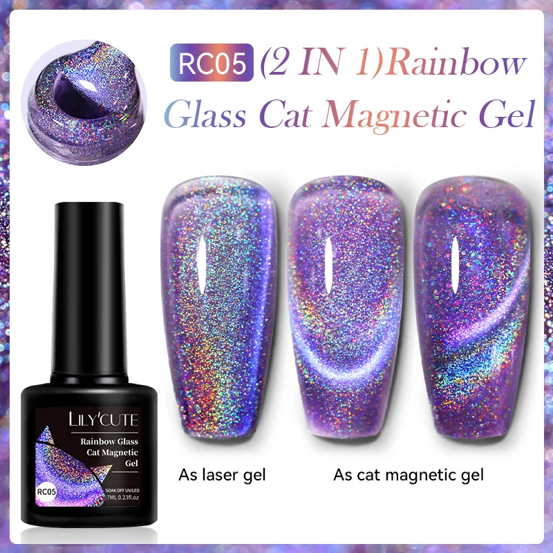 KIMLUD, LILYCUTE 7ML Sparkling Glitter Rainbow Cat Magnetic Gel Nail Polish 9D Colorful  Semi Permanent Soak Off Nail Art UV Gel Varnish, LC-RC05, KIMLUD APPAREL - Womens Clothes