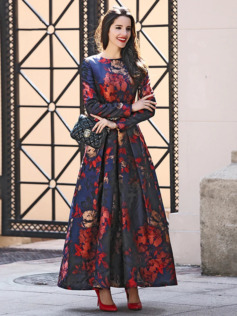 Elegant Women Long Sleeve Maxi Dress Fall Fashion Boho Floral Jacquard Muslim Dress Ladies Vintage Party Clothes