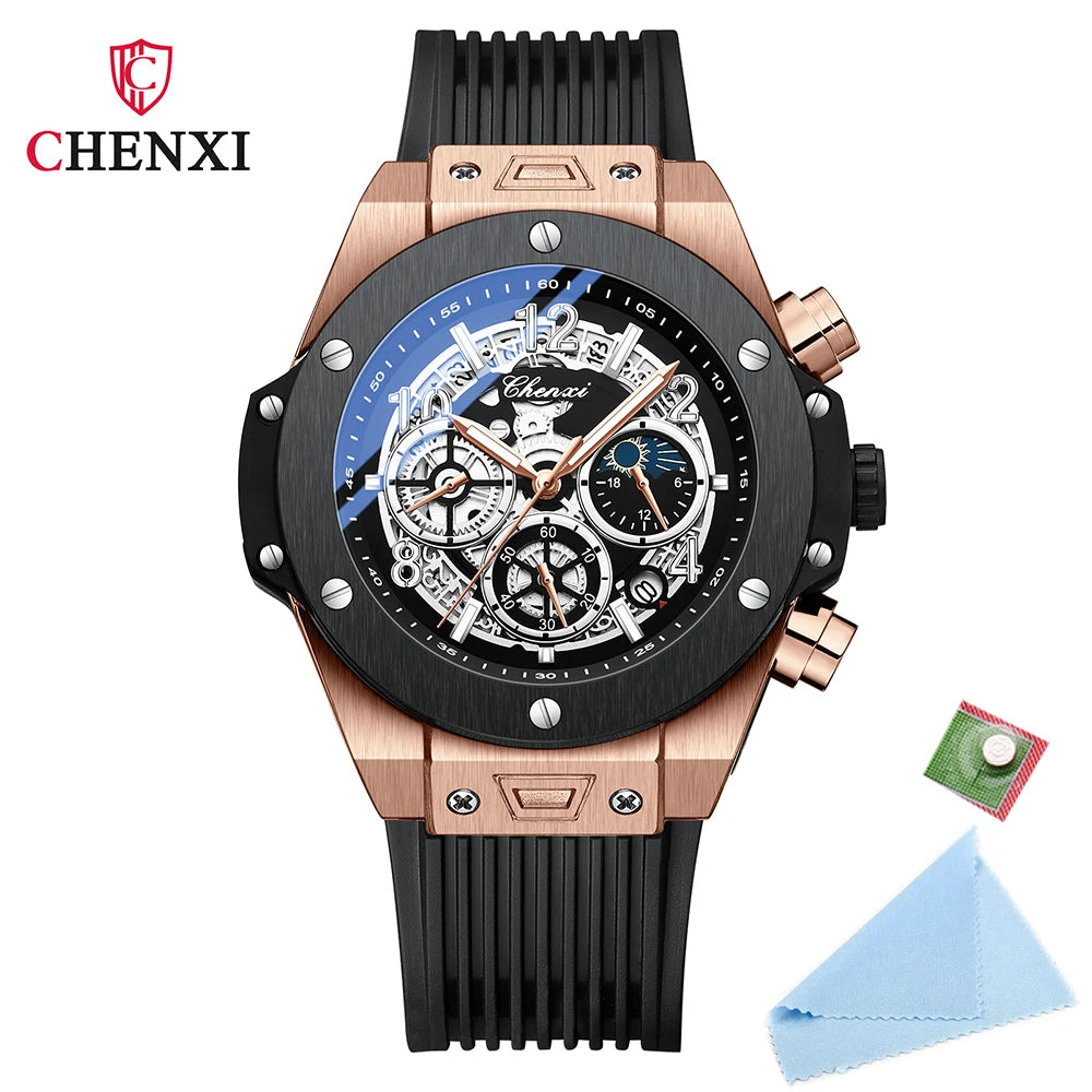 2024 CHENXI Mens Watches Top Brand Luxury Black Silicone Strap Sports Military Watch Men Waterproof Watches Stopwatch Moon Phase