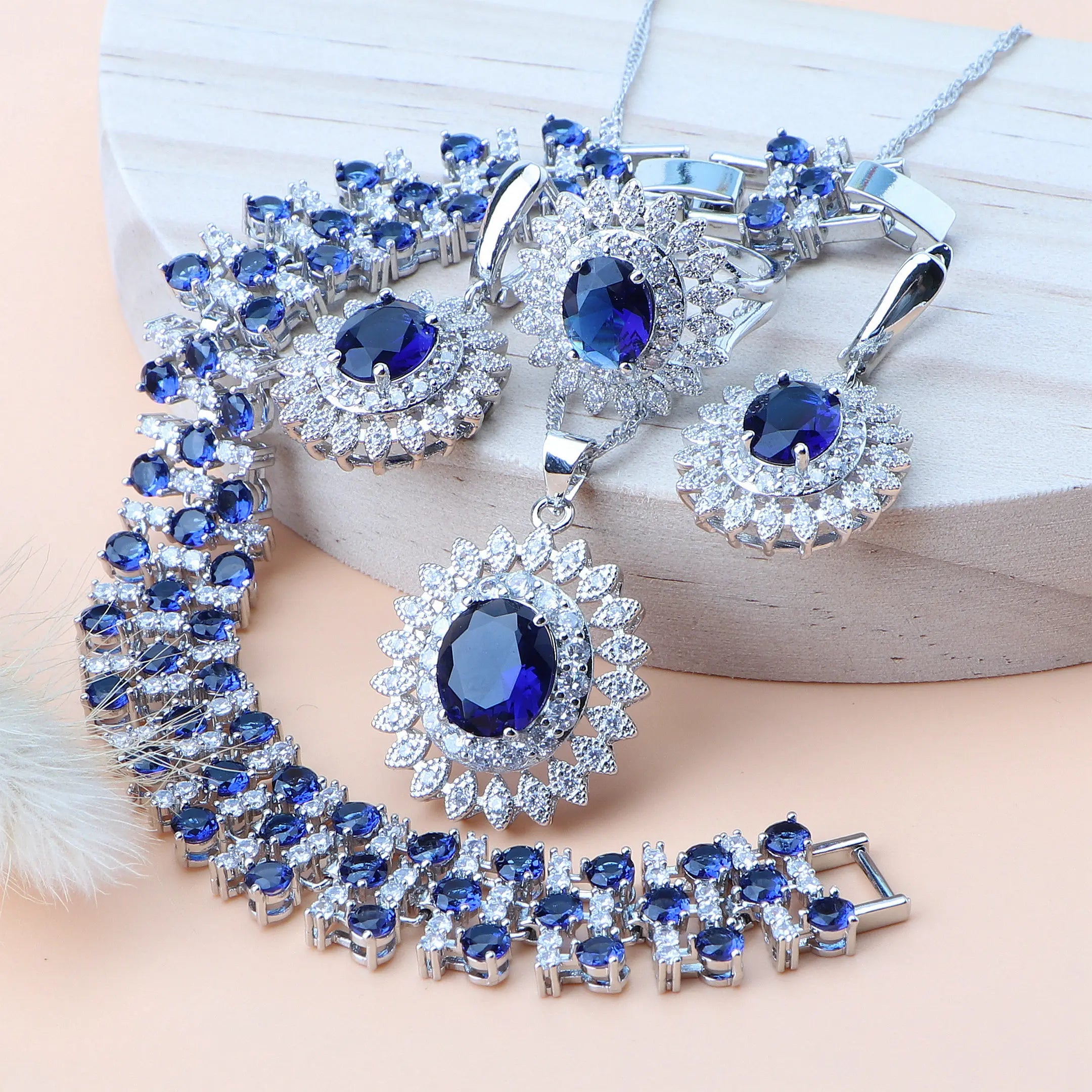 Natural Bridal Jewelry Sets Silver 925 Jewelry Ring Pendant Necklace Earrings Bracelets Wedding Blue Cubic Zircon Set For Women - KIMLUD