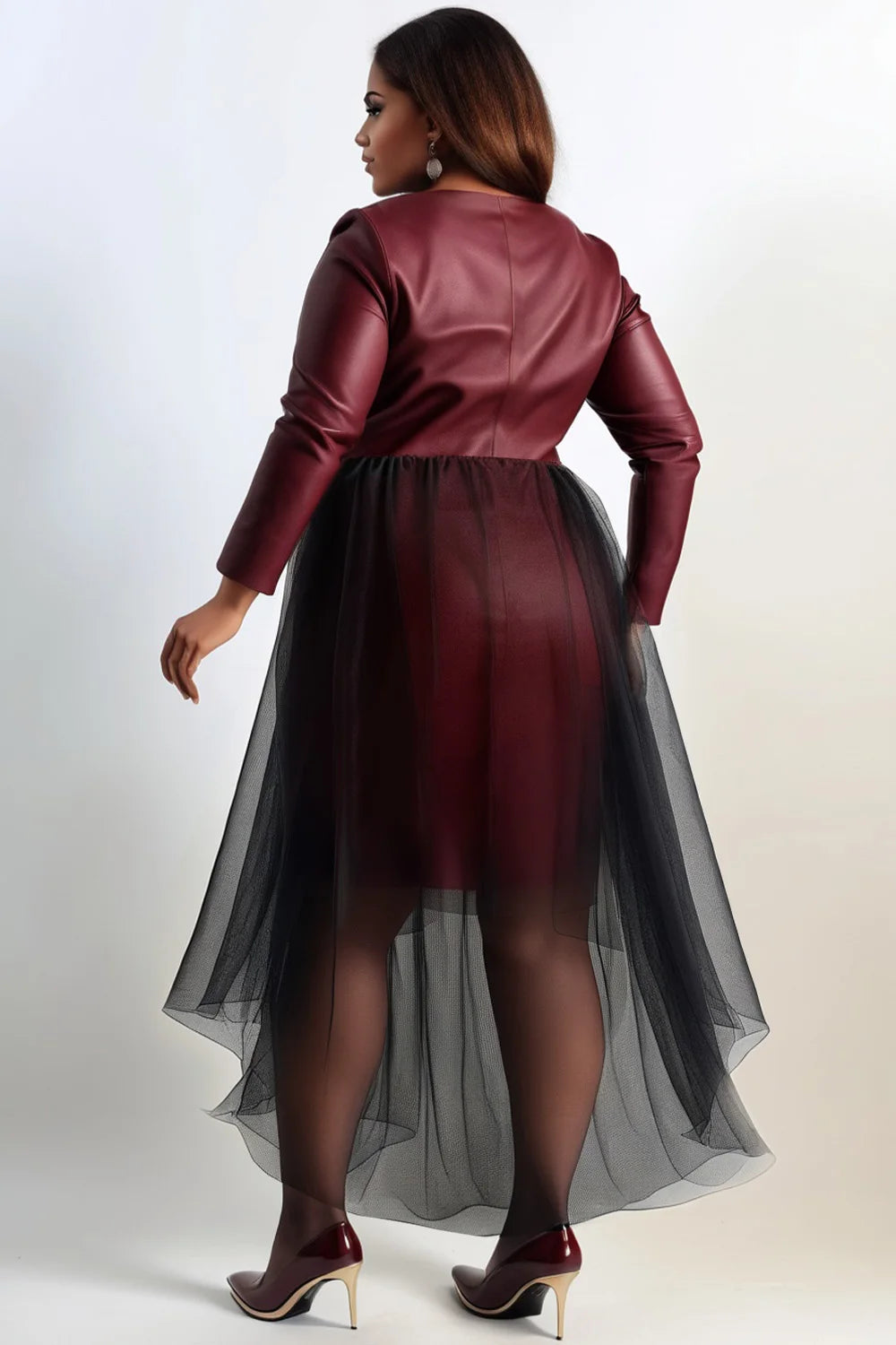 Plus Size Cocktail Party Burgundy Wrap Neck Long Sleeve Asymmetric Hem Contrast Tulle PU Leather Midi Dresses