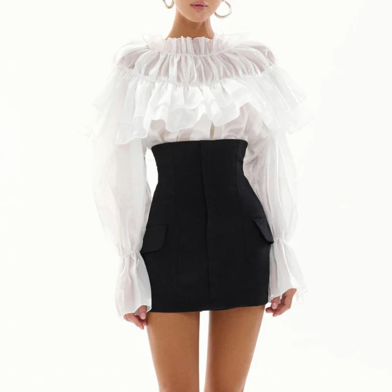 High street Women Ruffles blouse Fold Tops White Autumn Elegant Long sleeve Ruffled neck Female shirt Loose INKEO 2T230