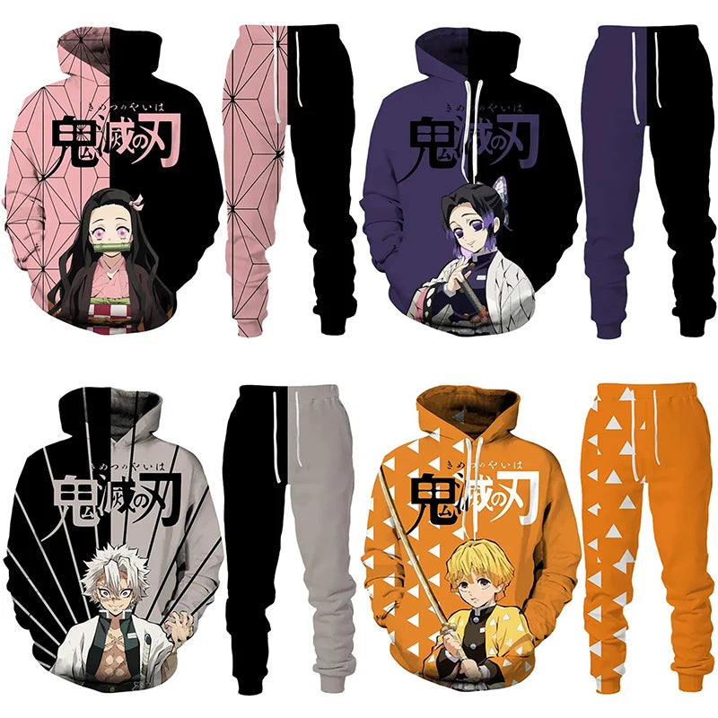 Anime Demon Slayer Hoodies 3D Printed Cosplay pants+Hoodie 2PCS Set Tracksuit Men Oversize Vintage Streetwear Hoodie Pants Sets