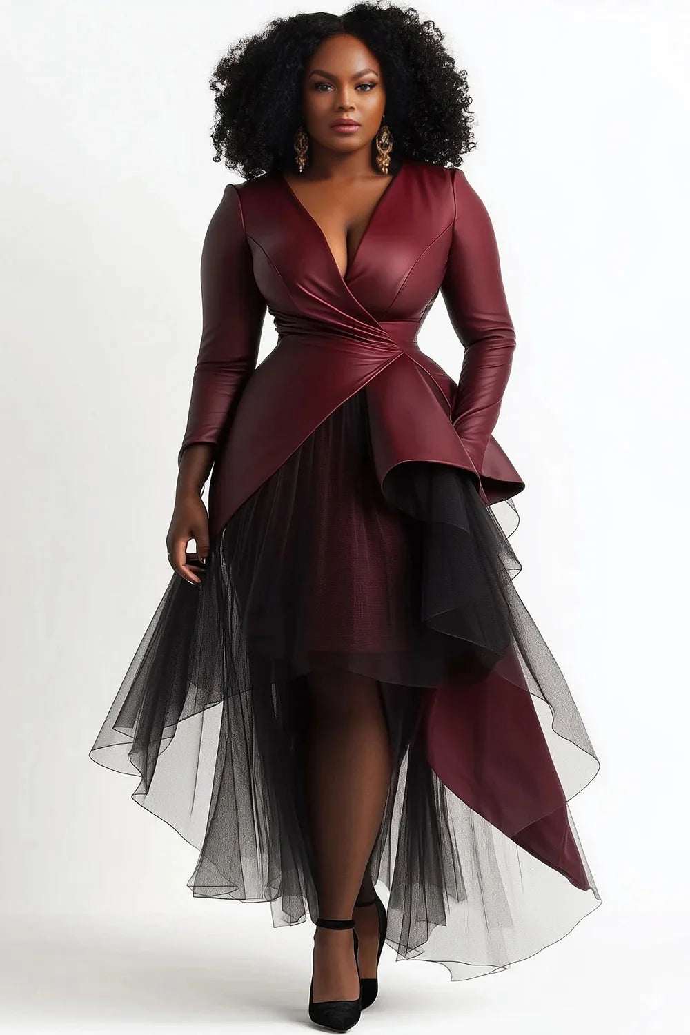 Plus Size Cocktail Party Burgundy Wrap Neck Long Sleeve Asymmetric Hem Contrast Tulle PU Leather Midi Dresses - KIMLUD